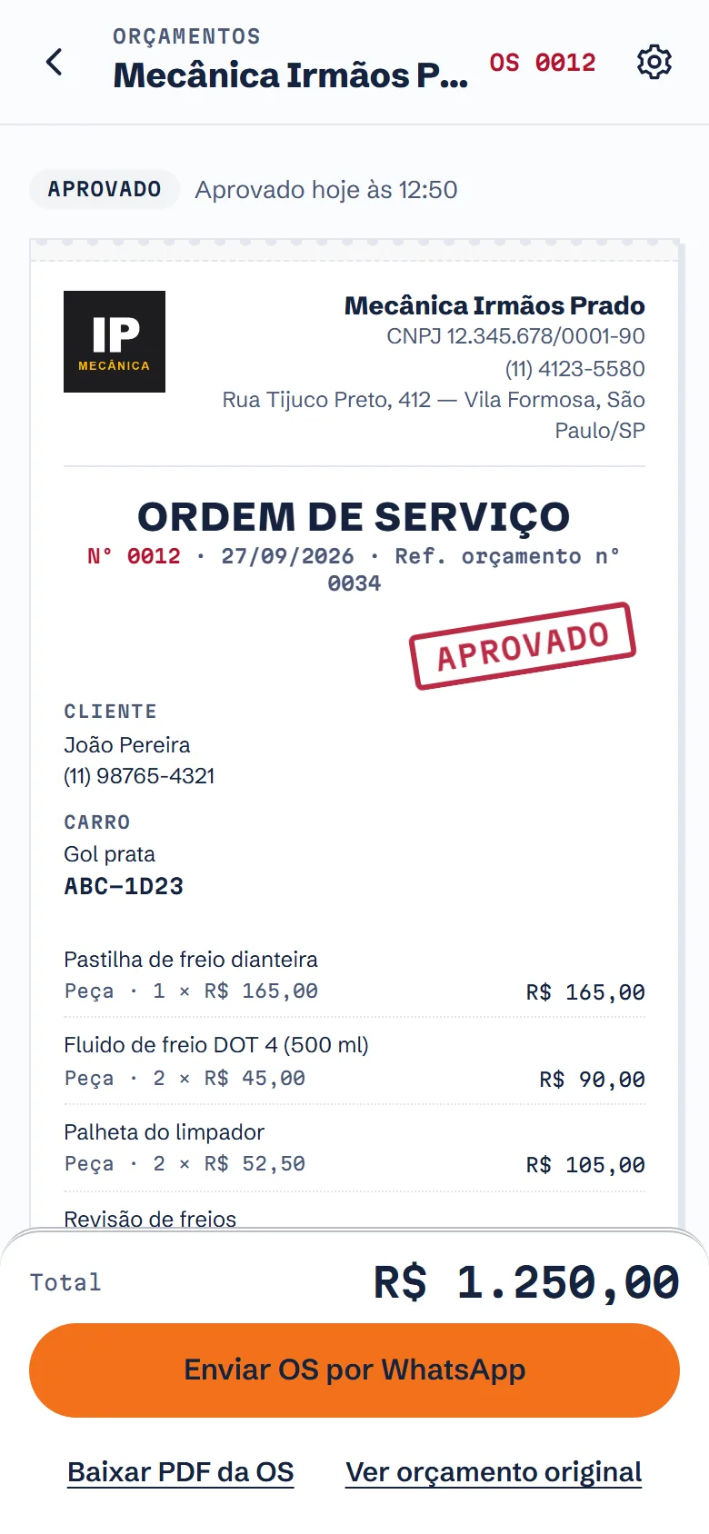 Tela de demonstração do app: o mesmo papel, agora com o status Aprovado e o título ORDEM DE SERVIÇO, nº 0012, com referência ao orçamento nº 0034 e os mesmos itens.
