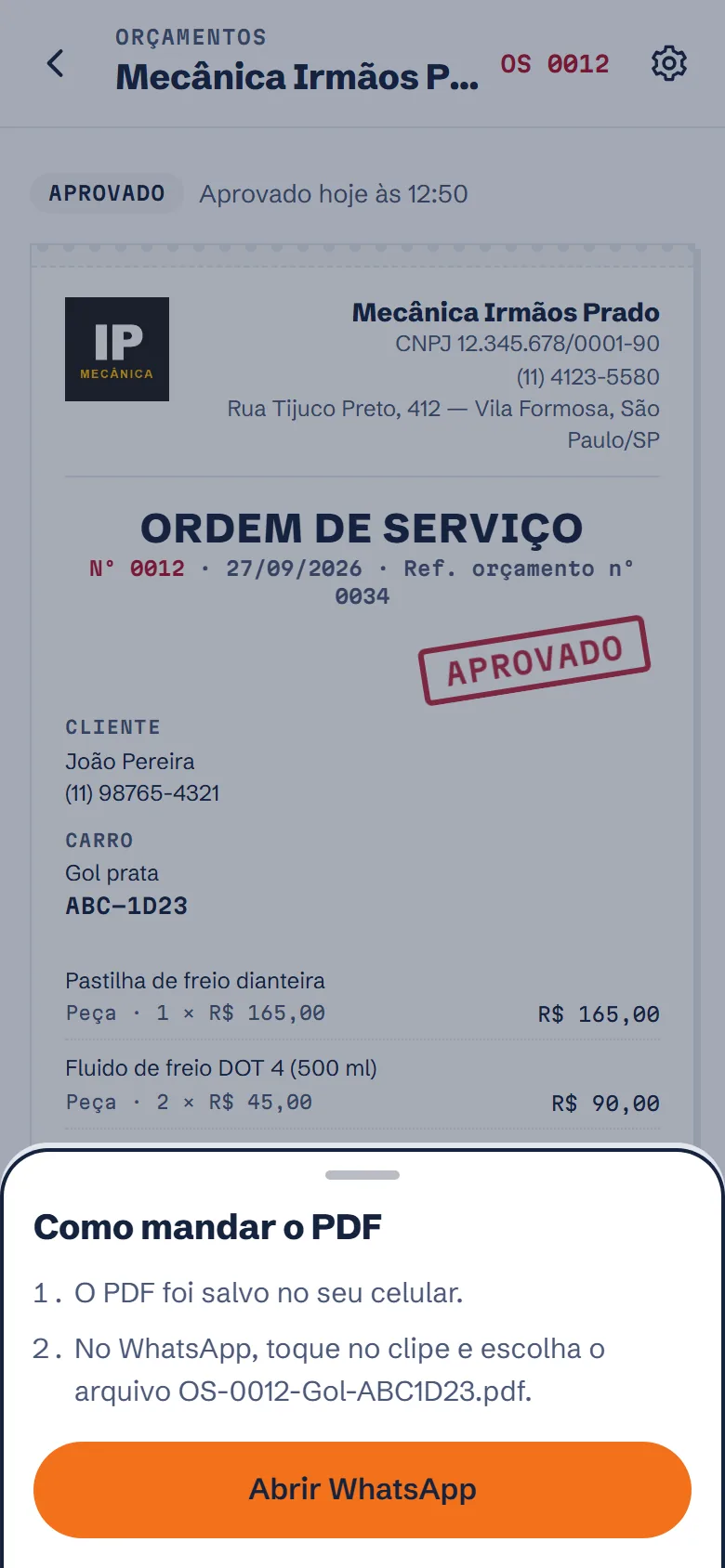 Tela de demonstração do app: por cima da OS nº 0012, a janela Como mandar o PDF avisa que o arquivo OS-0012-Gol-ABC1D23.pdf foi salvo e mostra o botão Abrir WhatsApp.